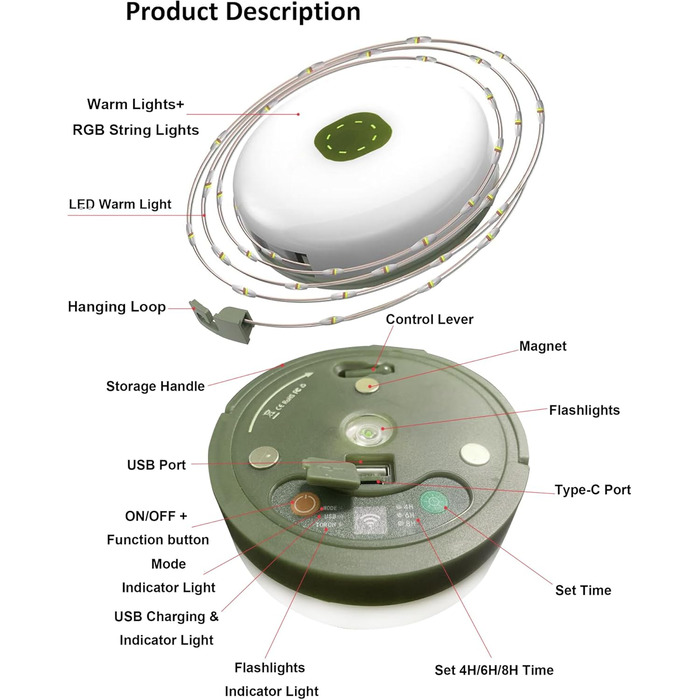 Кемпінгові гірлянди, висувні, портативні акумуляторні світлодіодні гірлянди 3-в-1 з 8 режимами освітлення, водонепроникний кемпінговий ліхтарик для кемпінгу, подвір&39я та походів, USB 1800 мАг, теплий білий RGB, 10 м