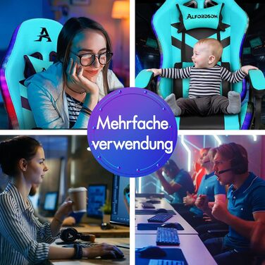 Ігрове крісло ALFORDSON, світлодіодне гоночне ігрове крісло з 12-кольоровим RGB-підсвічуванням, масажне ігрове крісло з поперековою опорою, підставкою для ніг, матеріал PU, блакитний колір Marc - серія Cyan Marc