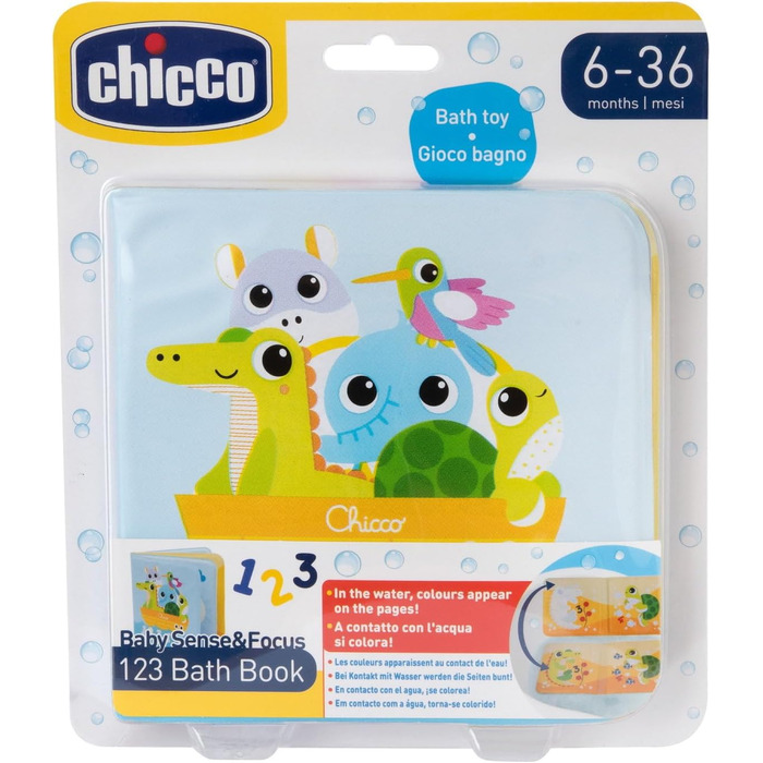 Книжка для купання Chicco з м'якого пластику вивчаємо цифри, кольори та тварин. Легка, зручно відкривається, змінює колір у воді. Для діток від 6 до 36 місяців.