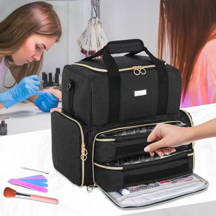 Мішечок для лаку для нігтів, двошаровий органайзер для зберігання лаку для нігтів на 80 флаконів (15 мл) та лампу для нігтів, великий футляр для косметики з відділеннями для зберігання, чорний