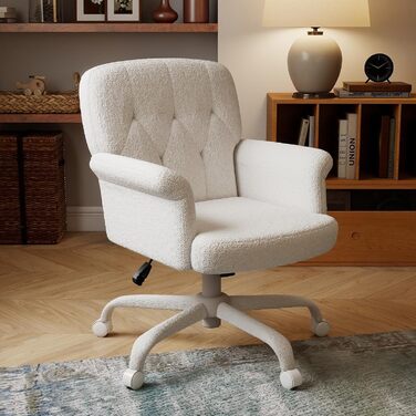 Офісне крісло ZZH для домашнього офісу, зручне, м&39яке, пухнасте крісло для туалетного столика з колесами та підлокітниками, миле поворотне комп&39ютерне сидіння з плюшевого оксамиту для спальні, макіяж, білий колір