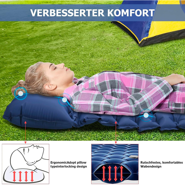 Килимок для сну, надувний матрац висотою 10 см для кемпінгу, невеликий розмір упаковки, надлегкий надувний килимок для сну з ножним насосом, водонепроникний килимок для сну для активного відпочинку, походів, пляжу, синій