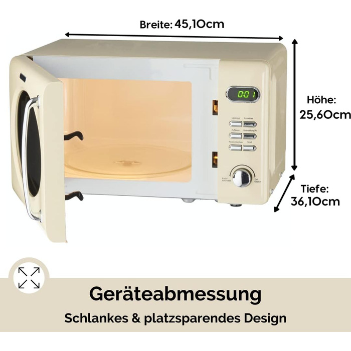 Мікрохвильова піч Wolkenstein Retro Stand WMW720 I 700 Вт Потужність мікрохвильової печі I 20 л Варильний простір i5 Рівні продуктивності I 8 програм приготування Функція розморожування I Металевий корпус I Поворотний стіл (24,5 см) I Світлодіодний диспле