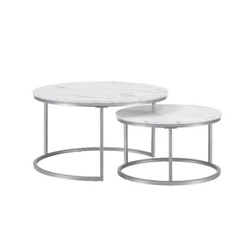 Круглий журнальний столик з мармуру Hitsuki, білий столик для вітальні, комплект із 2 круглих журнальних столиків, срібний бічний столик з металевим каркасом, столик для вітальні, білий мармур та срібний журнальний столик
