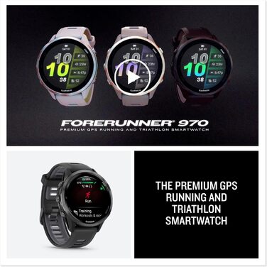Розумний годинник Garmin Forerunner 970 Premium GPS для бігу та триатлону, AMOLED-дисплей, вбудований світлодіодний ліхтарик, карбоново-сірий DLC титановий колір з чорним корпусом та чорним напівпрозорим ремінцем з білого каменю