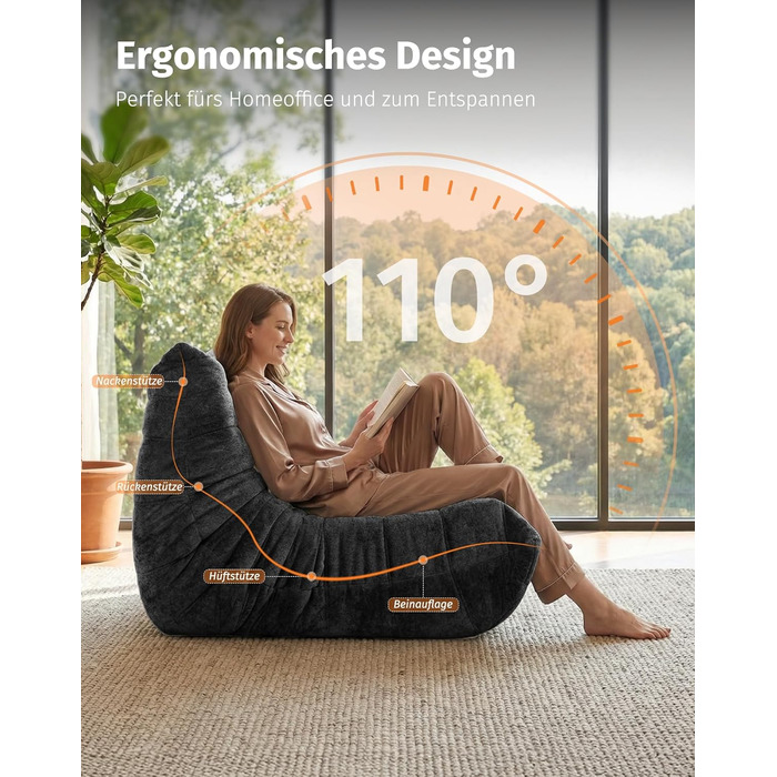 Диван з пінопласту без кісток зручний підлоговий диван з ергономічним дизайном, не потребує складання, диван-мішок для вітальні, спальні, квартири, ігрової кімнати та офісу, чорний двомісний