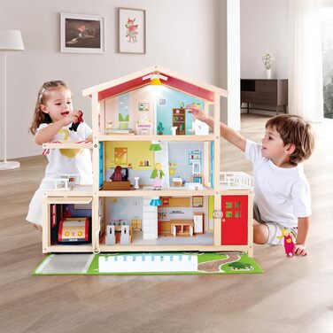 Ляльковий будиночок Hape Doll&39s Villa з 10 кімнатами, для творчої рольової гри, включаючи меблі та аксесуари, розвиваюча іграшка, для дітей від 3 років, лялькова вілла з аксесуарами, одномісна