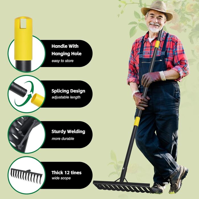 Міцний садовий грабель, 189 см, металевий грабель з 12 зубцями, вигнутий грабель з довгою ручкою для розпушування ґрунту, вирівнювання, догляду за газоном, сільського господарства, землі, чорний