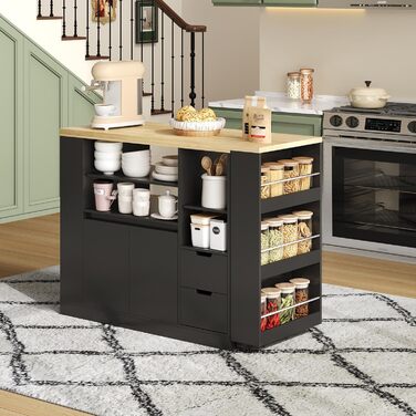 Барний стіл з місцем для зберігання, кухонний острів з висувною стільницею та функцією повороту на 360, рухомий бічний столик з тристоронніми полицями та 2 шухлядами, кавова барна стійка, чорний, 115x50x92 см A-чорнийнатуральний