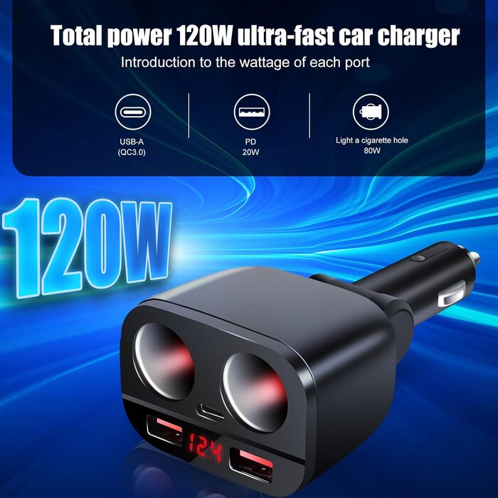 Вт USB C автомобільний зарядний пристрій прикурювач розподільник адаптер розгалужувач 2 розетки швидка зарядка 12V/24V DC зі світл