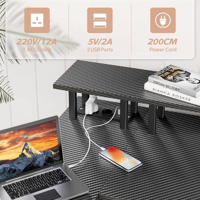 Кутовий ігровий стіл зі світлодіодним освітленням та довгою підставкою для монітора, L-подібний стіл із портом зарядки USB, розеткою та боковими кишенями, кутовий комп&39ютерний стіл для домашнього офісу, вуглецеве волокно