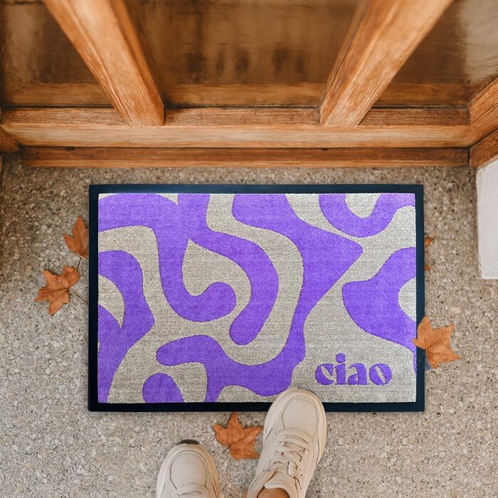 Дизайнерський килимок для дверей CIAO Мийний та нековзний килимок для бруду Сучасний килимок для дверей з фіолетовим написом для використання всередині та зовні приміщень, 40 x 60 см (прямокутний)