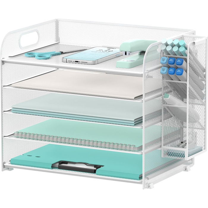 Рівневий органайзер для столу з ручкою та знімними тримачами для ручок, сітчастий органайзер для паперу/файлів на столі, лоток для листів та канцелярського приладдя (білий) Білий 1, 5-