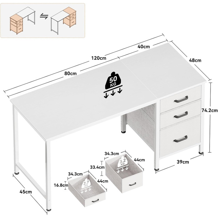 Письмовий стіл Coleshome з 3 тканинними шухлядами, 120x48 см, комп&39ютерний стіл з тримачем для навушників, двосторонній офісний стіл для невеликого домашнього офісу, білий 120x48 см