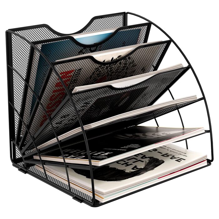 Відділення віялоподібний металевий офісний органайзер A4 Тримач для документів Лоток для файлів Тримач для журналів Лоток для листів Органайзер для паперових журналів, чорний, 6-