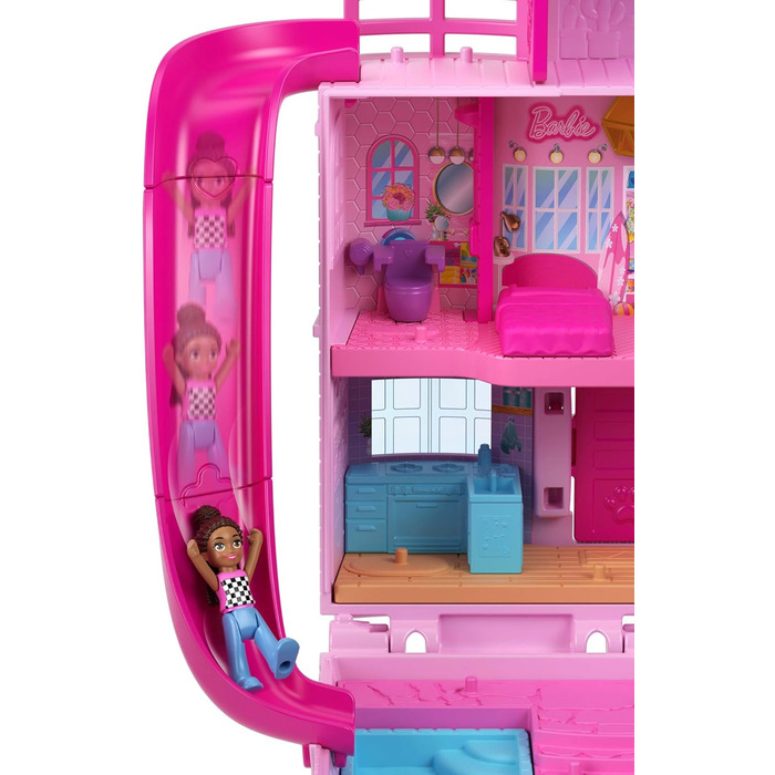 Ігровий набір Polly Pocket Barbie Dreamhouse Box, з 3 мікроляльками, 1 цуценям, 11 аксесуарами, ліфтом та басейном, HWP11