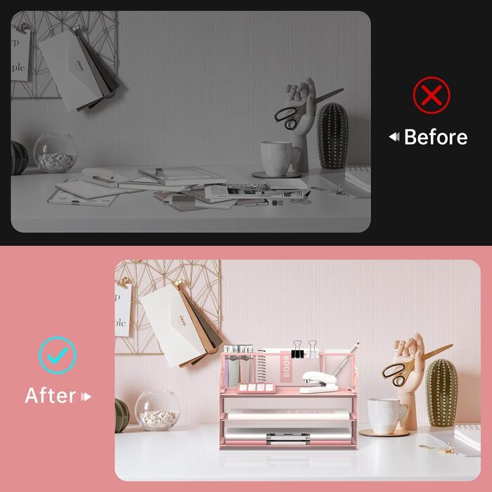 Рівневий органайзер для столу з ручкою та 3 тримачами для ручок, сітчастий органайзер для паперу/файлів на стіл, лоток для паперу та листів, рожевий Pink 1, 3-