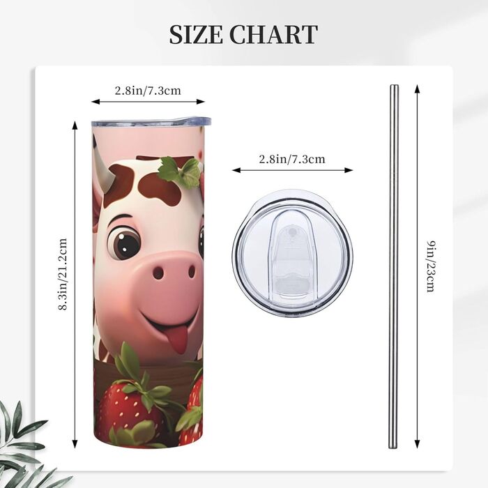 Кухоль з прямою трубочкою, дизайн корови та полуниця, друкований, дорожній кухоль, підходить для кемпінгу, офісу та дому, 590 мл
