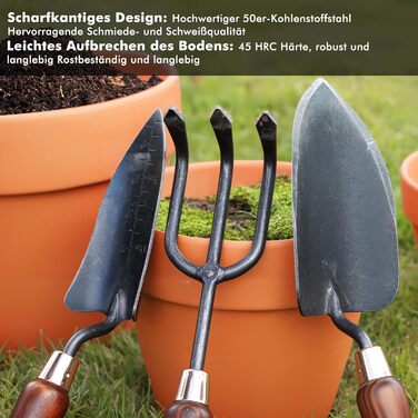 Набір садових інструментів RESTMO (3 предмети) лопата, сапа та вила з вуглецевої сталі з дерев'яними ручками. Ідеальний подарунок для садівників