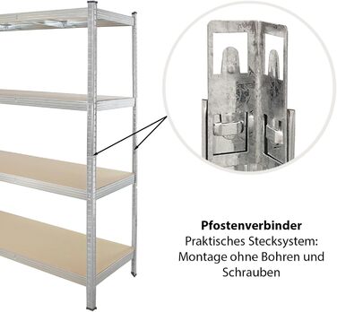 Стелаж TRUTZHOLM для важких умов експлуатації 180x160x60 см, вантажопідйомність 1000 кг, безболтовий стелаж, стелаж для зберігання, стелаж для підвалу, стелаж для майстерні, оцинкована сталь, 4 полиці