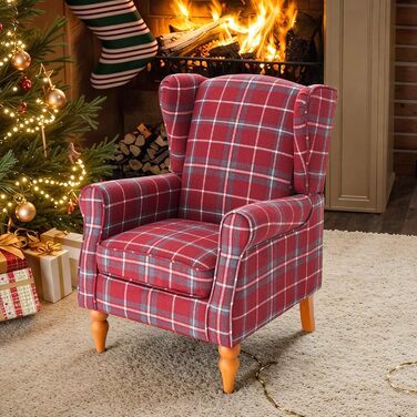 Крісло з відкидною спинкою, вінтажне крісло з дерев&39яними ніжками, м&39яке крісло-реклайнер, крісло для вітальні, спальні, лляне (червоне)