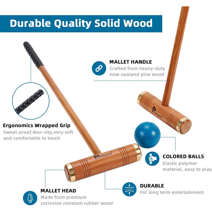 Набір для крокету Pointyard для 6 гравців, набір для крокету класу &quotлюкс&quot з дерев&39яними молотками, кольоровими м&39ячами, хвіртками та кілочками для дорослих/молоді/сім&39ї, ідеально підходить для газону/заднього двору/парку (включає сумку для п