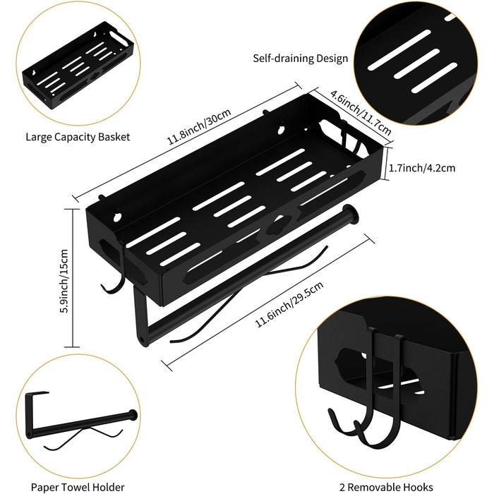 Підставка для спецій з тримачем для кухонних рулонів та гачками, настінна підставка для спецій (не потребує свердління), органайзер для спецій для кухні, чорний