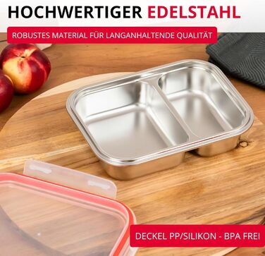 Ланчбокс Westmark Edelstahl Непротікаючий контейнер для сніданку Підходить для мікрохвильової печі та духовки, не містить BPA Бенто-бокс для школи, роботи та дитячого садка Сріблястий, розділений 450 280 мл, 450 280 мл