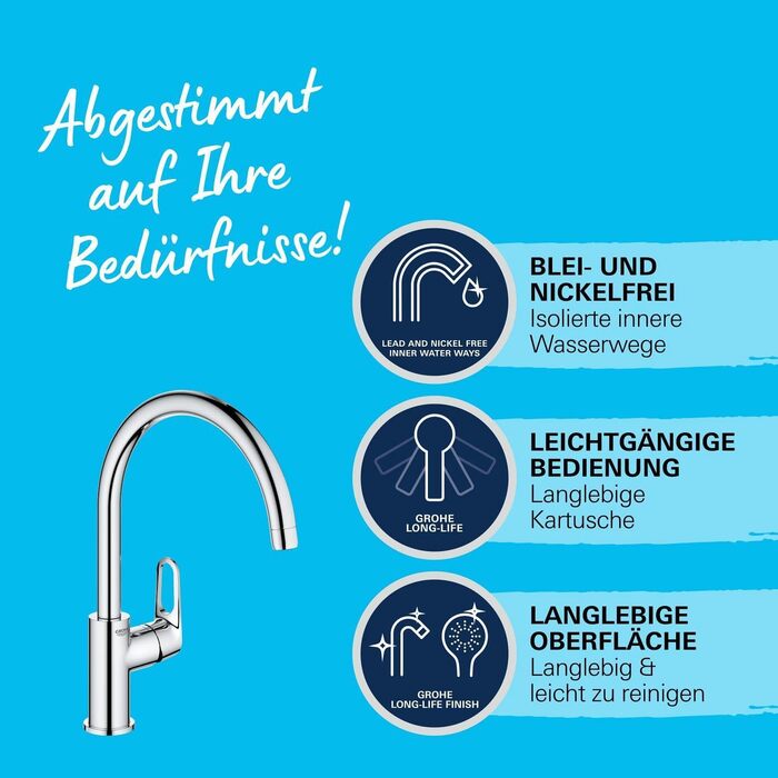 Кухонний змішувач GROHE Start Flow з високим виливом, поворот на 360, легкий монтаж без інструментів, хром, 31555001