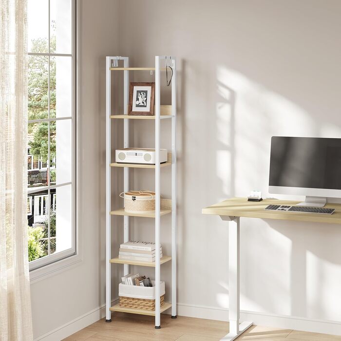 Ярусна полиця для зберігання WOLTU, кухонна полиця з 4 гачками, книжкова полиця в індустріальному стилі, окремостояча полиця для вітальні/кухні, вузька драбина, білий світлий дуб, 40x30x187 см, 6-