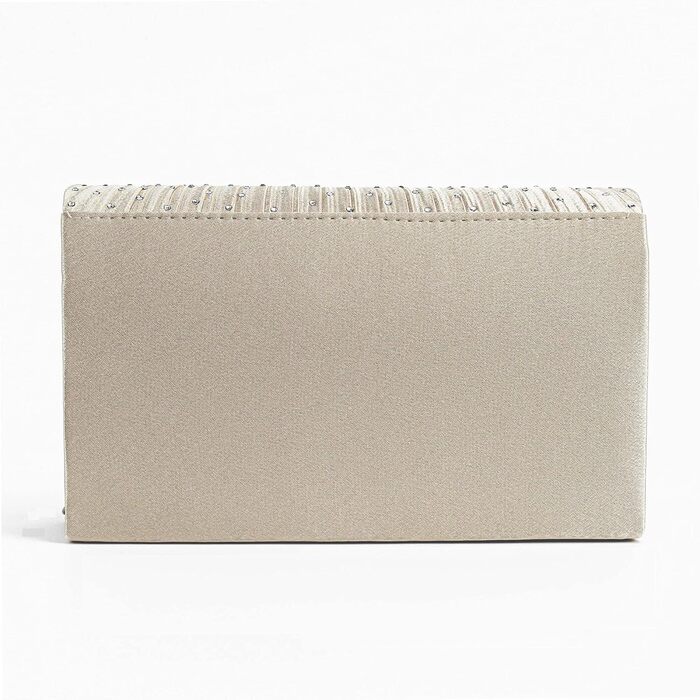 Блискуче клатч-конверт з сатину та стразами на ланцюжку для вечірки, весілля, балу. Бежевий колір. Модель 06269