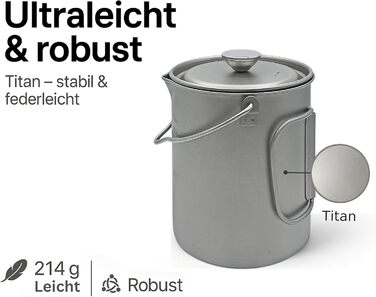 Титанова кавоварка Campura French Press 750 мл - Надлегка та міцна - Точний фільтр, Компактна та термостійка - Кавоварка для кемпінгу, бушкрафту, трекінгу та активного відпочинку - Титановий посуд