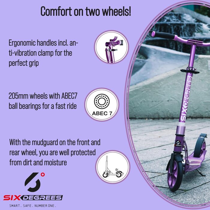 Алюмінієвий самокат Six Degrees зі складним механізмом, підставкою, 205 мм TEST WINNER, ABEC 7, регульований по висоті, протестова