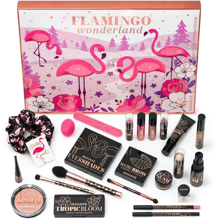 Адвент-календар краси 2025 РОЖЕВИЙ ФЛАМІНГО РІЗДВО - Різдвяний календар для жінок та підлітків ОБМЕЖЕНИЙ ВИПУСОК 24 високоякісні косметичні сюрпризи для макіяжу та косметики, подарунковий набір від LAHAYE