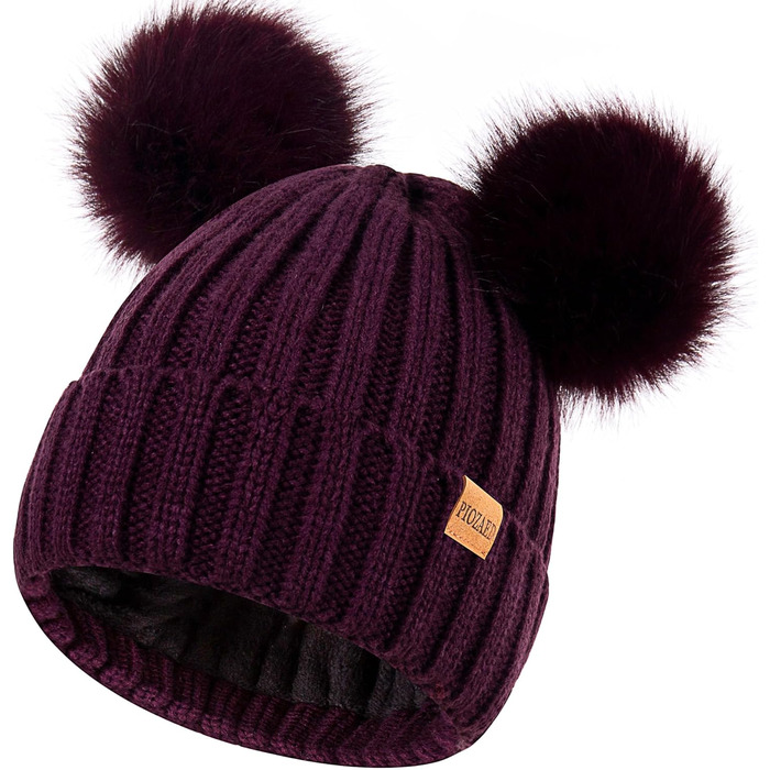 Жіноча зимова тепла в&39язана шапка-бейні з помпоном зі штучного хутра, затишна шапка на флісовій підкладці, фіолетова