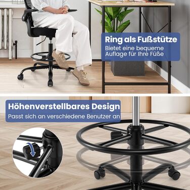 Робоче крісло COSTWAY, офісне крісло з відкидними підлокітниками та підставкою для ніг, висота сидіння 58-76 см, високе обертове крісло, вантажопідйомність до 136 кг, чорний колір, висота сидіння 58-76 см