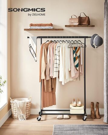 Вішалка для одягу на колесах, Міцна підставка для гардеробу, Розсувна вішалка для одягу, Вантажопідйомність до 100 кг, Легке складання, Портативна, Чорний HSR13BKV1 Чорний (92-132)Ш см