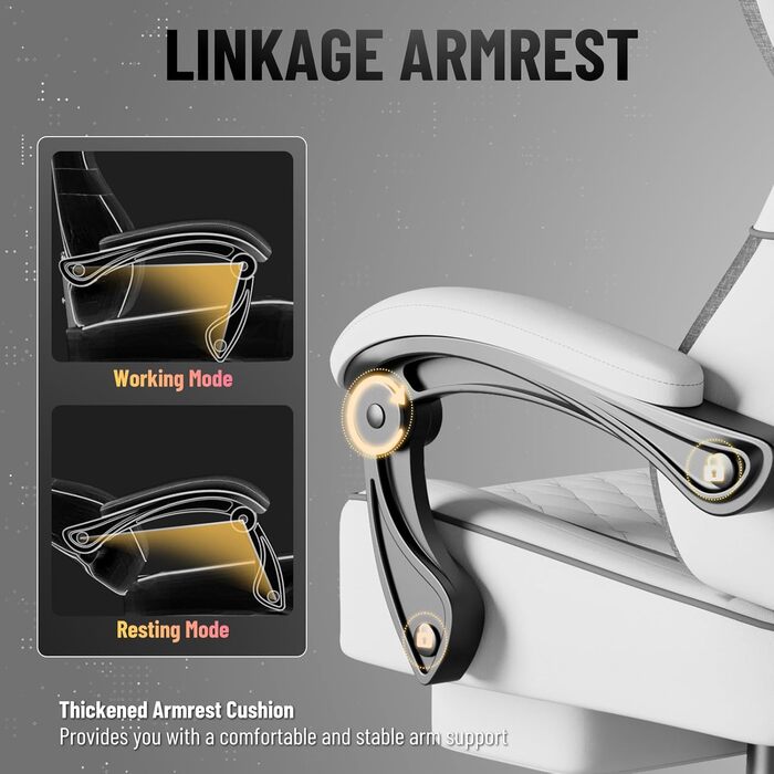 Ігрове крісло Ferghana, ергономічне ігрове крісло, ігрове крісло з регульованим підголівником та поперековою подушкою, підлокітниками, підставкою для ніг, гоночне ігрове крісло для ПК для офісу (біле, бавовна-льон) Біла бавовна