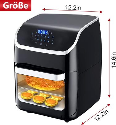 Фритюрниця PRIJESSE 12 л, багатофункціональна фритюрниця з гарячим повітрям, фритюрниця 1800 Вт зі світлодіодним сенсорним екраном, 10 програм, підтримка тепла та функція дегідратора, включаючи брошуру з рецептами та аксесуари 12 л Вертикальний екран