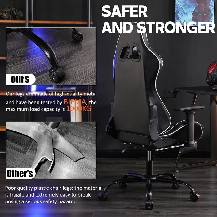 Ігрове крісло Cavabien, вантажопідйомність 200 кг, регульоване по висоті ігрове крісло, ігрове крісло з регульованою поперековою опорою, комп&39ютерне крісло зі штучної шкіри (чорне)