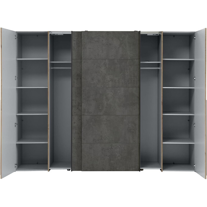 Шафа Forte Narago 270, шафа з розсувними дверима та дверцятами на петлях, дерев&39яний декор Artisan Oak у поєднанні з сірим кольором, 270,3 см завширшки x 210,5 см заввишки x 61,2 см завглибшки. Імітація дуба Artisan та темного бетону 270 x 210. Без дзер