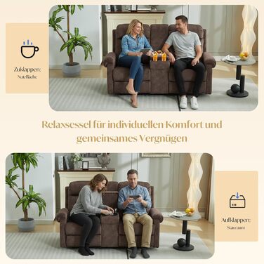 Крісло для кінотеатру, 2-місний диван з консоллю, двомісне крісло для телевізора, крісло-реклайнер з функцією відкидання, 2-місне крісло для кінотеатру, крісло-реклайнер, регульоване, 2-місний диван, крісло для телевізора, вітальня з підсклянником, коричн