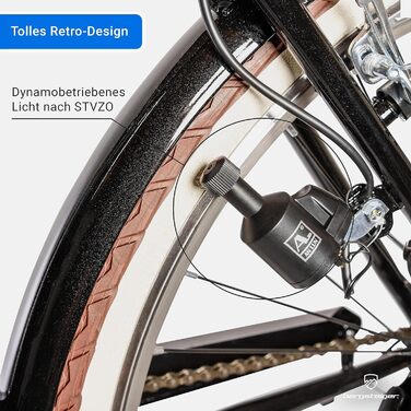 Жіночий велосипед 28 дюймів, підходить для зросту від 150 см, кошик з ротанга, ліхтарик для велосипеда, жіночий міський велосипед, жіночий велосипед у ретро-дизайні, 6-швидкісні коробки передач Tourney, перемикач швидкостей, 28 дюймів чорного кольору, 26