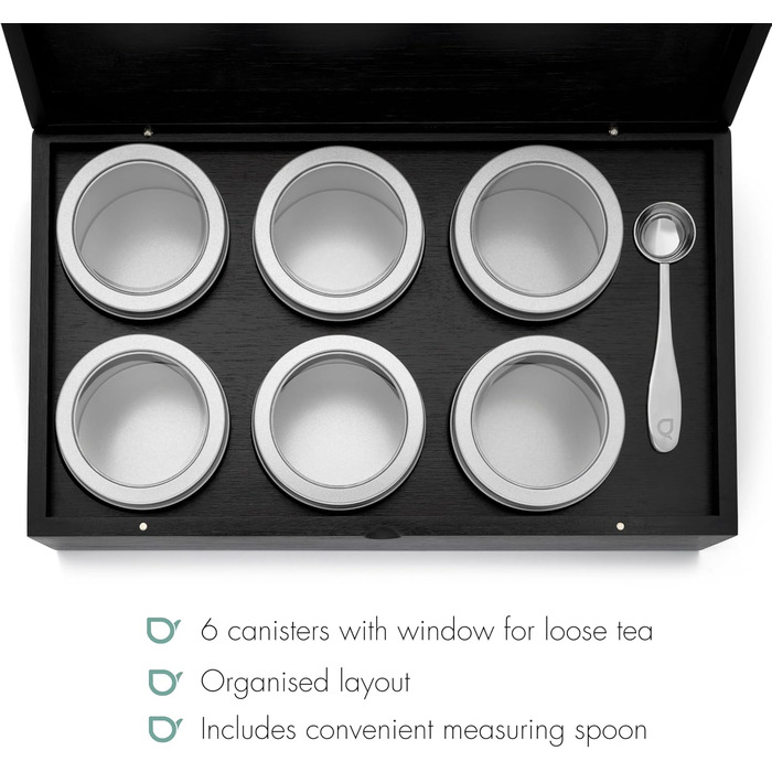 Велика коробка для чорного дерев&39яного чаю Bredemeijer, 35,5 x 20,8 см - Чайна коробка без віконця з 6 контейнерами для розсипного чаю та мірною ложкою, чорна