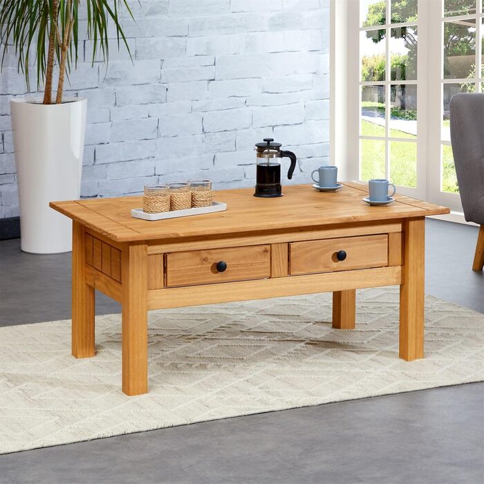 Журнальний столик IDIMEX Cancun з двома шухлядами стіл для вітальні, масив сосни, морений/вощений