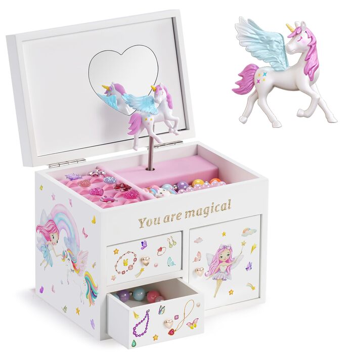 Шкатулка для ювелірних виробів Lolalet для дівчаток, дерев&39яний органайзер для ювелірних виробів з єдинорогом, шкатулка для ювелірних виробів для намиста, сережок, браслета, годинника, помади, кільця - біла