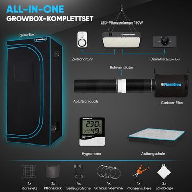 Комплект для вирощування в приміщенні з LED-лампою повного спектру 150W (з димером), 1680D, вугільним фільтром, канальним вентилятором та витяжним рукавом (80x80x180 см)