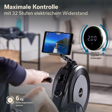 Домашній гребний тренажер Skandika Njord P6-G 32 рівні електричного опору, магнітне гальмо, Bluetooth, світлодіодний дисплей, тихий та низький рівень обслуговування, сумісний із додатком Kinomap, самогенеруючий гребний тренажер, сірий