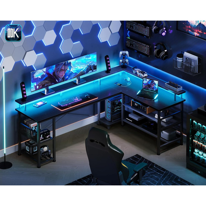 Ігровий стіл ODK зі світлодіодним освітленням, двосторонній ігровий стіл 168120 см з 2 розетками та 2 портами USB для зарядки, великий кутовий стіл із сітчастою полицею, чорний 168120 см чорний