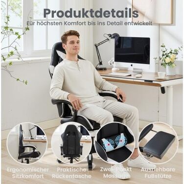 Ігрове крісло з поворотом на 360, ергономічне офісне крісло, регульоване по висоті з підставкою для ніг офісне крісло з підголівником та поперековою подушкою, гоночний дизайн, висока шкіряна спинка для офісу та ігор, білий/чорний